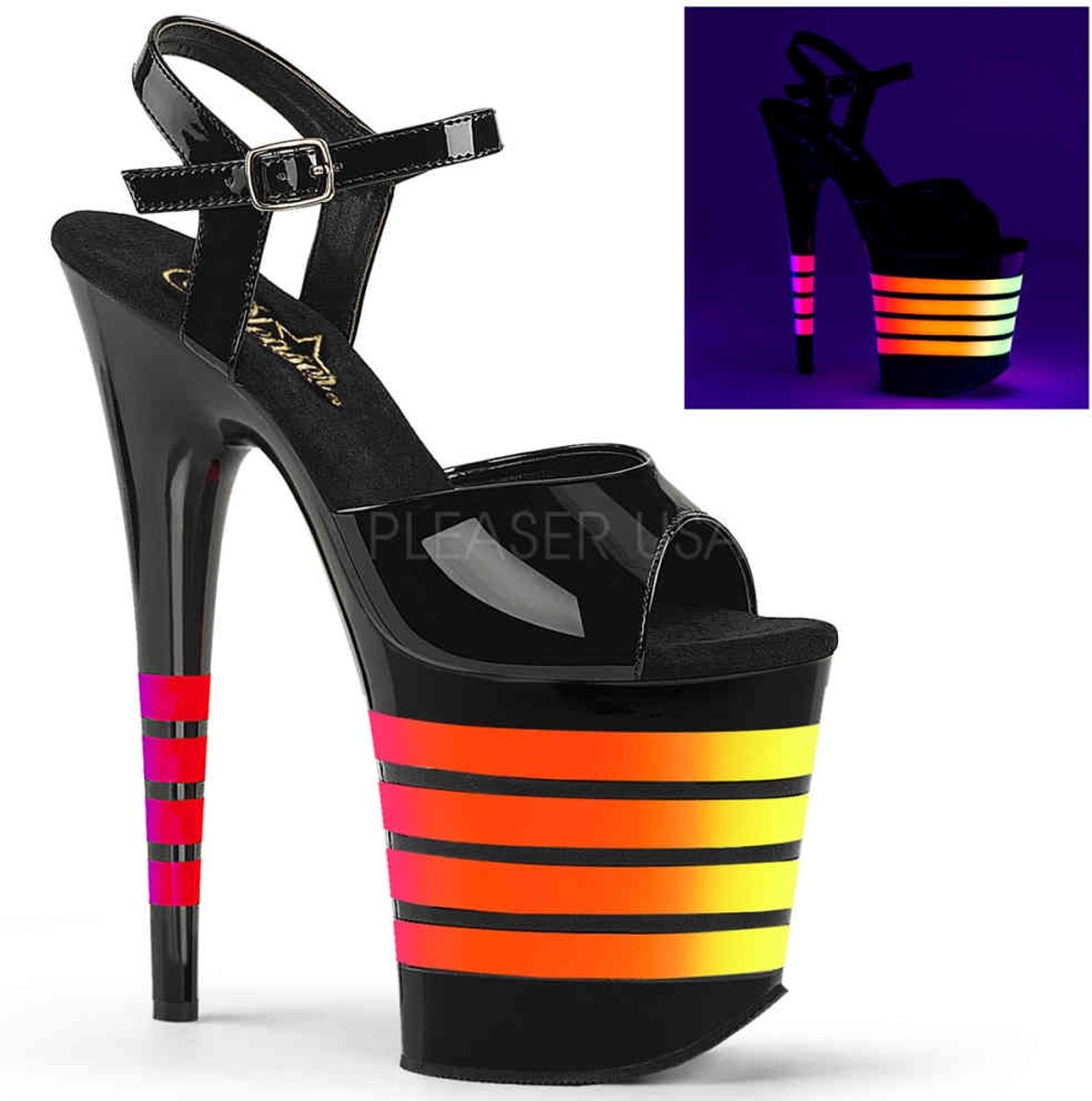 EU 35 = US 5 | FLAMINGO-809UVLN | 8 Heel, 4 PF Ankle Strap Sandal w/Neon UV Reactive Lines